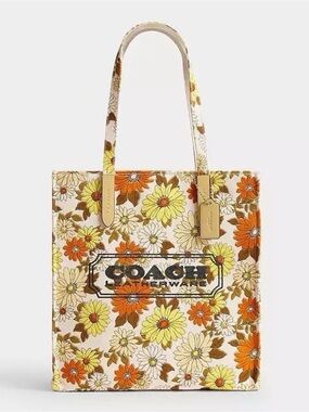 Coach Tote Bag with Floral Print in Gold/Vanilla Sunflower Canvas & Leather NWT